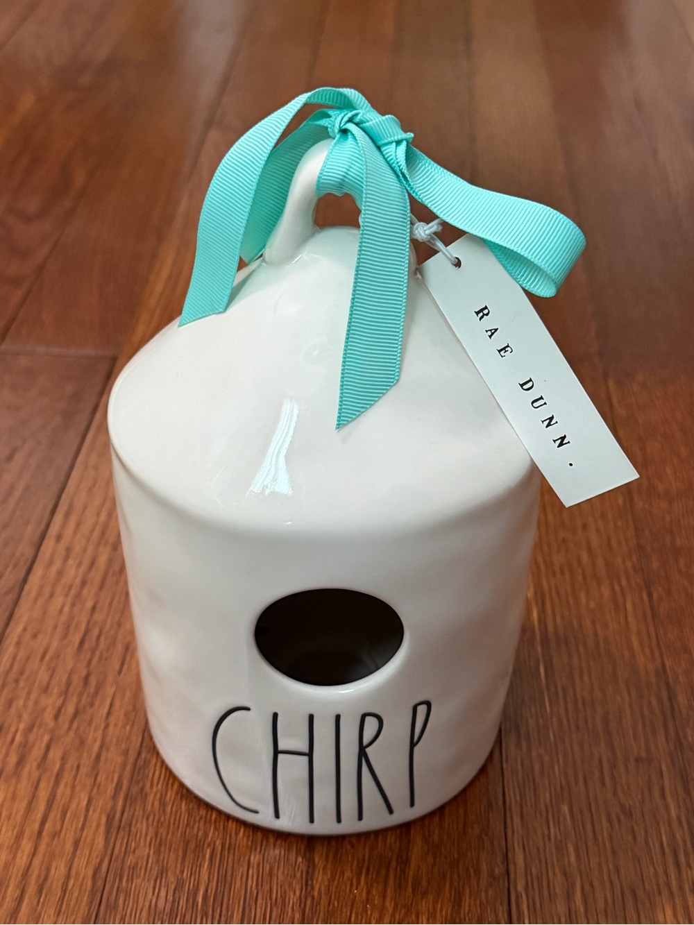 Rae Dunn White Ceramic Birdhouse with Teal Ribbon Accent